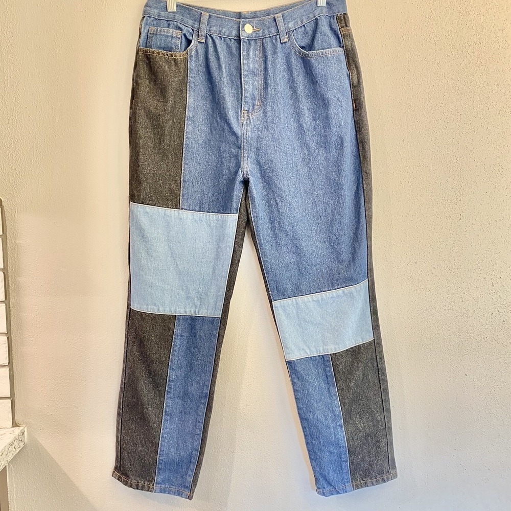 Shein Patch Style High Rise Denim Jeans Black/Blue Straight Leg Jeans Size L - Picture 2 of 9
